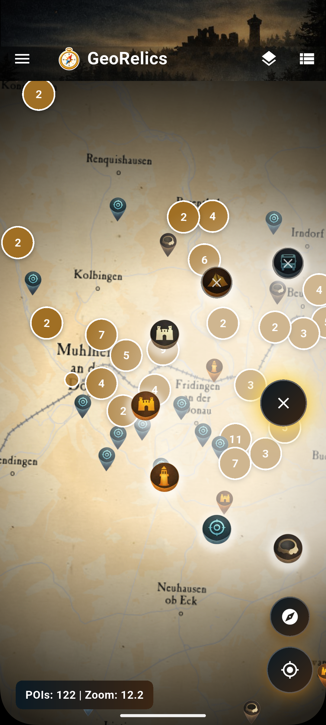 GeoRelics adventure map showing caves, ruins, castles, and viewpoints