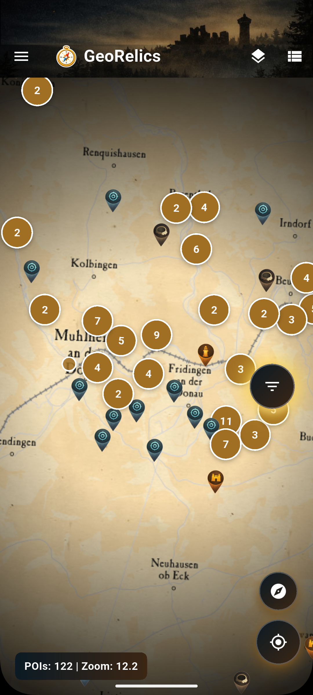 GeoRelics map with discovery markers across the landscape