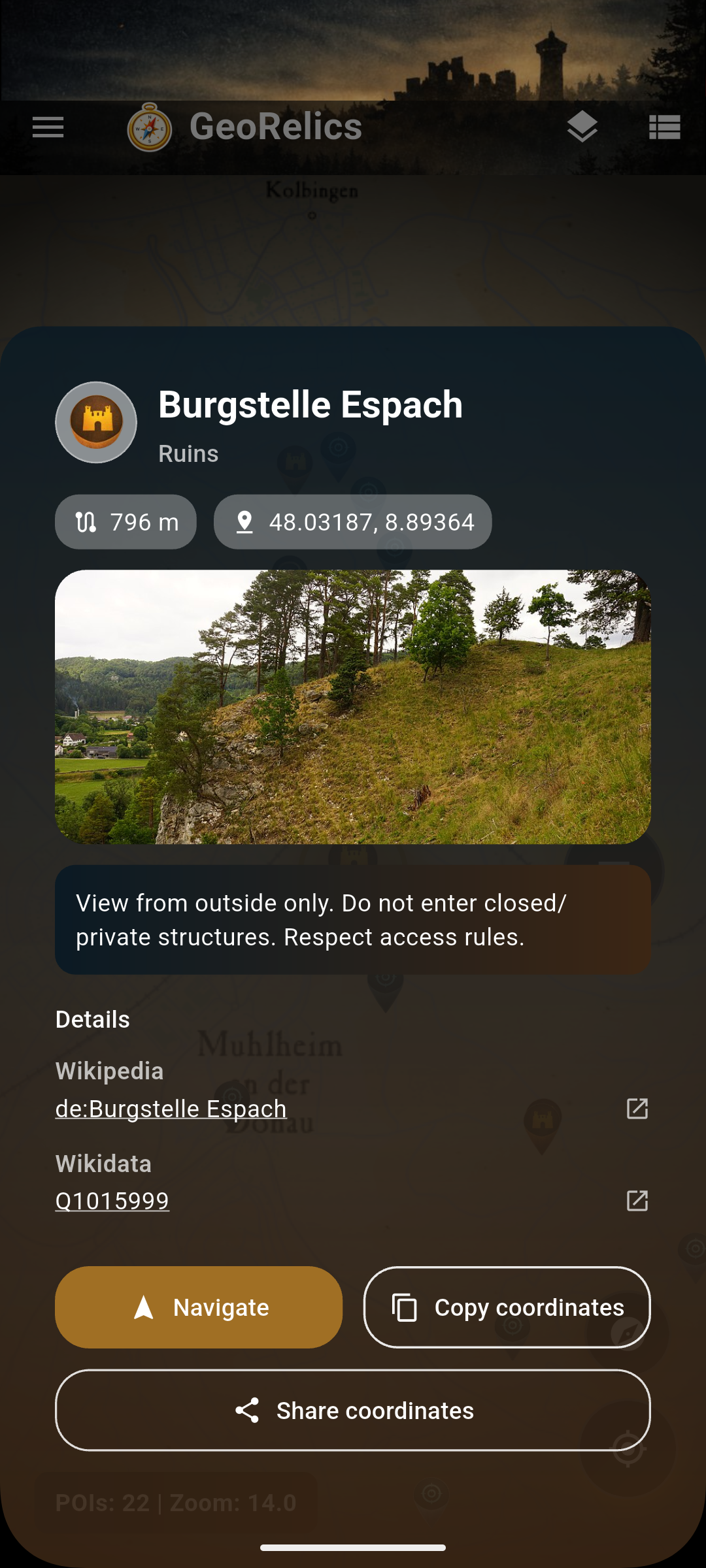 Discovery detail view showing POI information and navigation