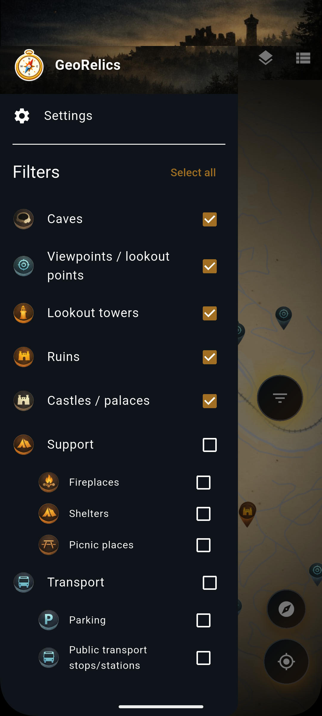 Discovery filters for castles, ruins, caves, viewpoints, towers