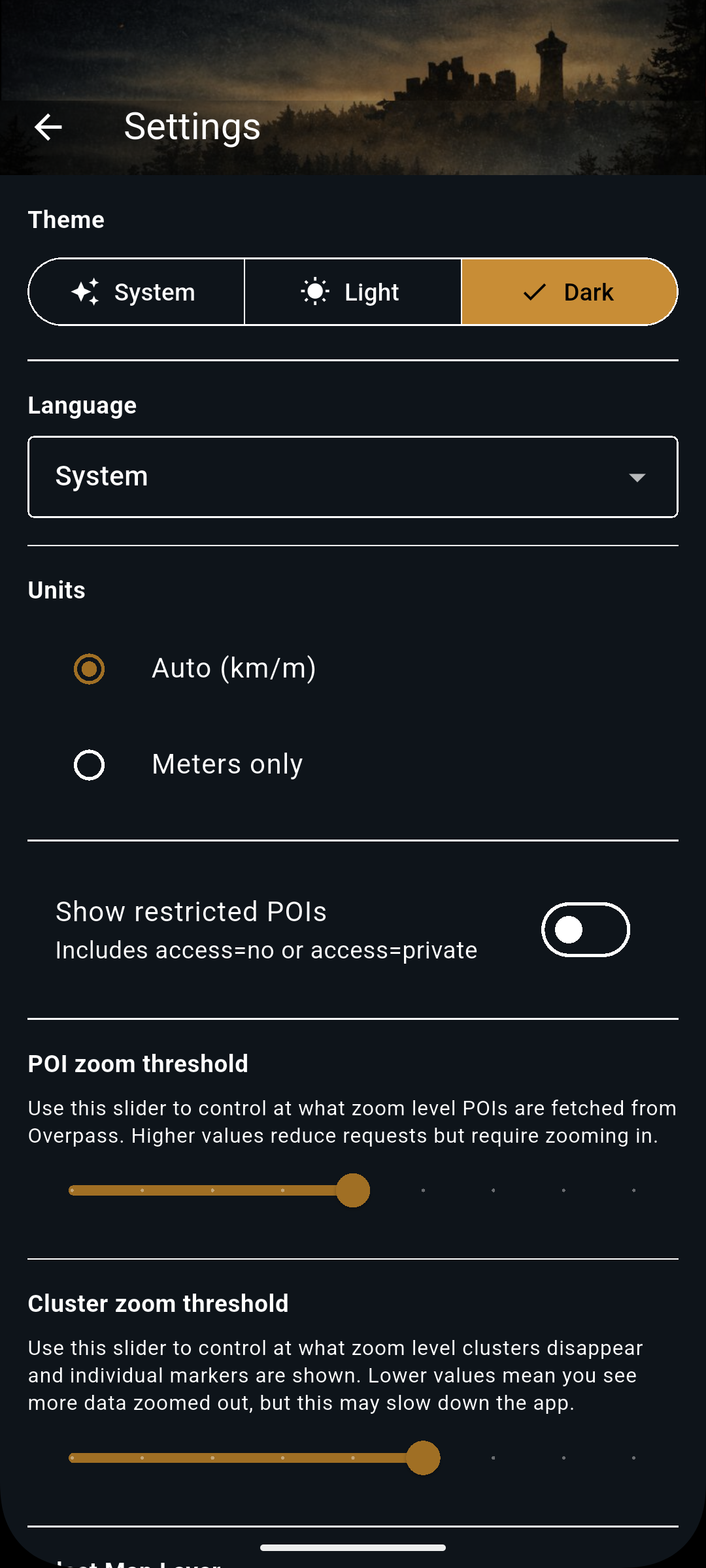 GeoRelics settings for map layers and adventure categories